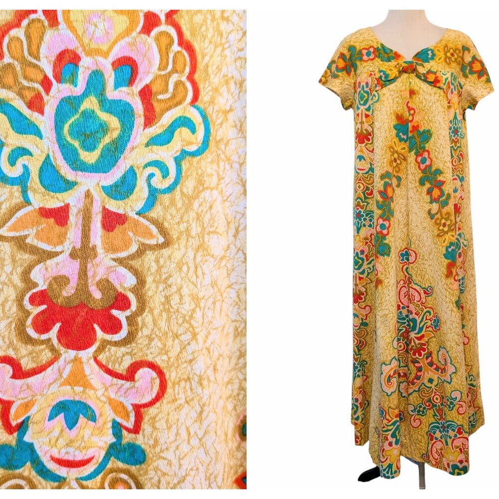 Vintage Malihini Hawaii Womens Sz M/L? Yellow Gold Floral Bow Aloha Midi Dress